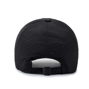 Breathable black baseball cap with mesh holes and adjustable back strap for sun protection