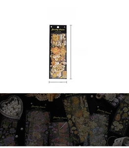 Macro detail of PET floral gold foil stickers featuring sunflower and tulip designs
