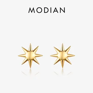 Sunburst Eight Pointed Star Stud Earrings 925 Sterling Silver Mirror Polished Minimalist Elegant Niche Style For Women