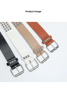Detail view of punk style studded belts in black, white, khaki, and brown with pyramid rivets
