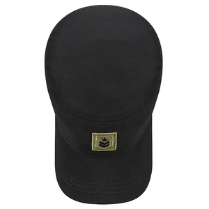 Men's black cotton military flat top cap with olive green star embroidery patch