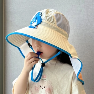 Kids sun hat with neck flap and breathable mesh featuring blue alligator pattern