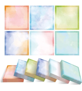 Detail of 6 colorful watercolor square sticky notes showing thickness and varied designs