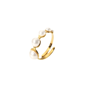 French vintage adjustable gold stainless steel ring with five graduated white pearls