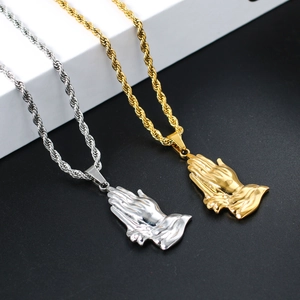 Men Hip Hop Praying Hands Pendant Necklace Stainless Steel Twist Chain Retro Religious Jewelry