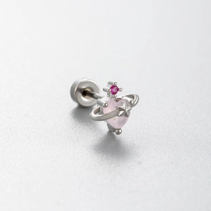 Pink heart planet stud earring in silver titanium steel with screw back closure