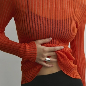 Women Ribbed Knit Top Long Sleeve Round Neck See Through Slim Fit Thin Breathable Solid Color Base Layer