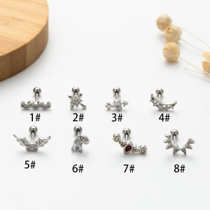 Set of 8 stainless steel cartilage earrings with zircon wings and celestial shapes
