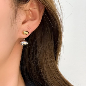 Minimalist Bicolor Metal Bean Drop Earrings Hammered Pebble Shape 18K Gold Silver Plated Copper Earrings With Stainless Steel Post For Women
