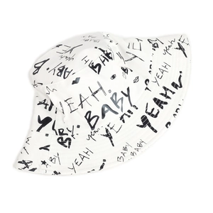 White canvas bucket hat with black street-style BABY graffiti and doodle prints