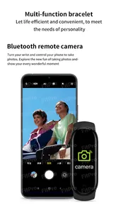 Detail of M7 smart bracelet featuring remote Bluetooth camera control on a phone screen