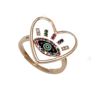 Gold heart ring with micro-paved zirconia evil eye and adjustable open band design