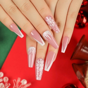 Unghie Finte Rosa Di Natale Fiocco Di Neve Forma Bara Punta Francese Bianca Glitter Inverno Unghie Artificiali