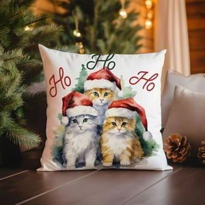 Christmas cat pillow cover with Ho Ho Ho print on white cushion for festive home decor