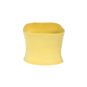 Detail view of a bright yellow strapless tube top with elastic slim fit fabric texture