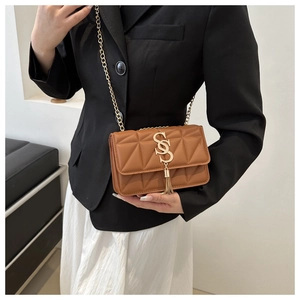 Brown quilted leather chain crossbody bag with gold SS logo and tassel for women