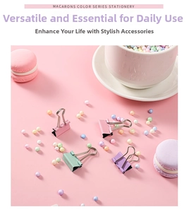 Close-up of macaron color binder clips in pink, green, and purple stationery set