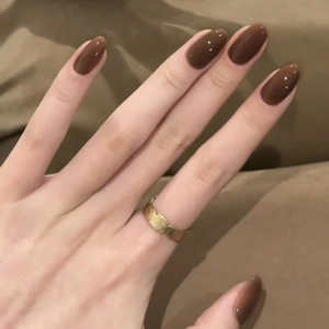 Mocha Brown Glossy Medium Long Oval Press On Nails Solid Color Simple Fashion Artificial Fingernails With Glue For Women