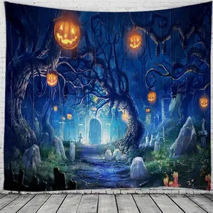 Halloween tapestry with pumpkin lanterns and spooky forest for bedroom wall decor
