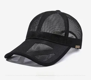 Detail of black mesh baseball cap showing breathable texture and vintage car metal buckle