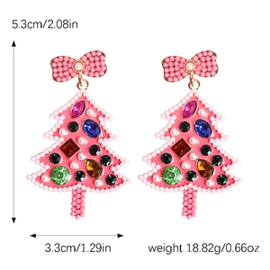 Pink Christmas tree earrings with colorful crystals, pearls, and a bow, 5.3cm in size