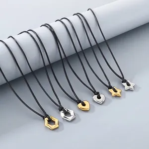 Minimalist Pendant Necklace 304 Stainless Steel Heart Star Hexagon Charms Black Nylon Cord Adjustable Geometric Jewelry