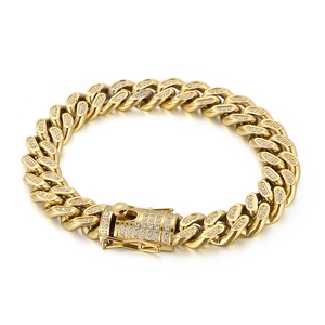 Hip hop punk style titanium steel gold Cuban link bracelet with white zircon diamonds