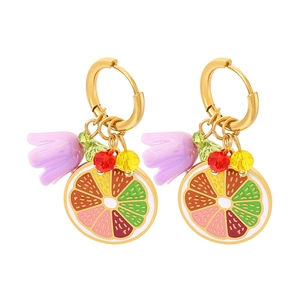 Colorful enamel fruit and flower drop earrings in gold stainless steel with pop art style