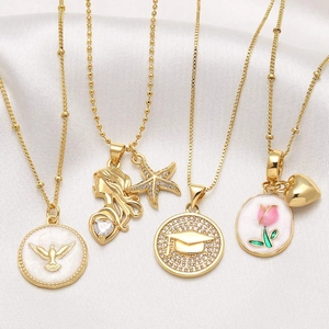 Elegant 18K Gold Plated Copper Pendant Necklace For Women Zircon Heart Mermaid Graduation Cap Enamel Tulip Jewelry Gift