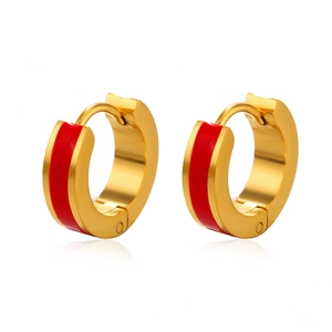 18K gold plated hoop earrings with red enamel inlay on a clean white reflective background