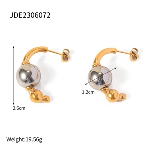Two-tone 18k gold plated stainless steel hoop earrings with large silver sphere beads