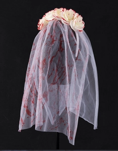 Detail of white rose headband with multi-layer bloody veil for Halloween costumes