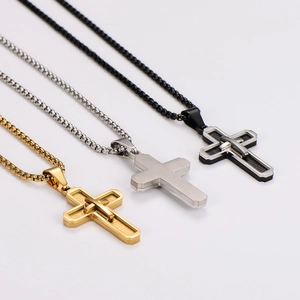 Three-layer stainless steel punk necklaces with cross pendants in gold, silver and black