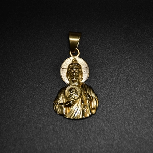 Polished 18k gold plated stainless steel St. Jude pendant with detailed religious carving