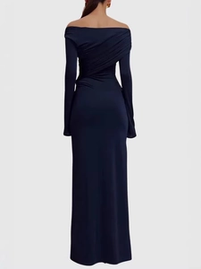 Navy blue off-shoulder slim-fit maxi evening dress with back pleated detail and long sleeves