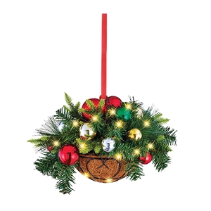 Hanging flower basket with LED lights and colorful Christmas ornaments and pine needles