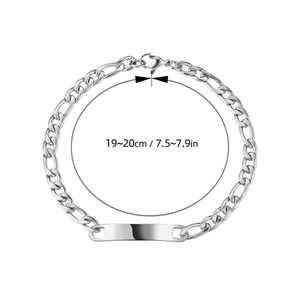 Polished silver stainless steel chain bracelet with rectangular ID tag and 19-20cm measurement