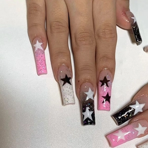 Long Trapezoid Press On Nails Mismatched Pink Black White Gradient Glitter Star Pattern False Nails For Women