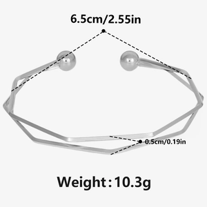 Detail view of silver 304 stainless steel open bangle with size and weight dimensions