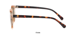 Side view of retro round sunglasses with tortoiseshell temples and translucent brown frame