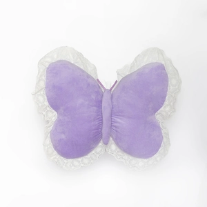 Plush butterfly pillow in light purple with white lace trim for home sofa decor