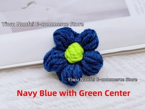 Detail of navy blue crochet cotton flower with green center for DIY fashion accessories
