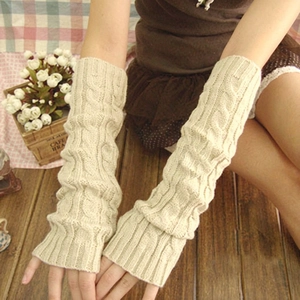 Mitaines longues en maille beige torsadée pour femme chauffe-bras d'hiver accessoires