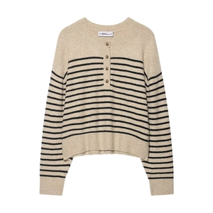 Pull Tricoté À Rayures Femmes Manches Longues Col Henley Court Pull Beige Avoine Décontracté Élégant