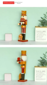 Front and side views of festive chef nutcracker with gingerbread house decoration
