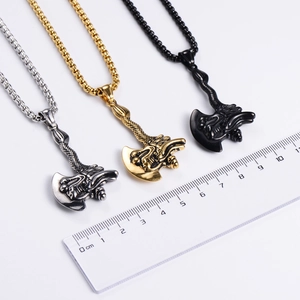 Men's retro dragon axe pendant necklaces in gold, silver, and black stainless steel