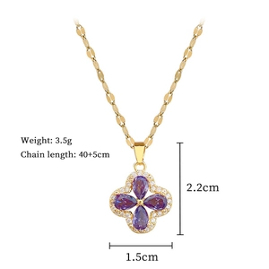 Detail shot of gold titanium necklace with purple clover pendant and size specifications
