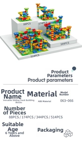 Detailed chart showing four sets of DIY marble run blocks with piece counts from 88 to 514