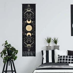 Bohemian sun and moon phase wall tapestry with black fabric and golden tassels decoration