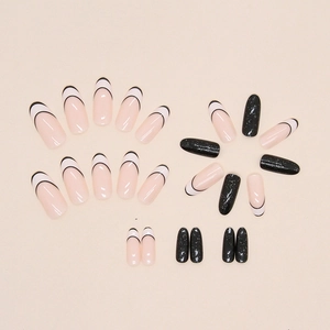 Medium oval press-on nails featuring French black lines and black glitter finish